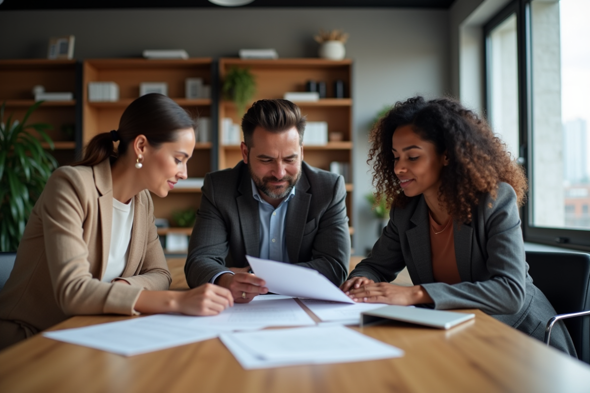 Trois professionnels en réunion dans un bureau moderne