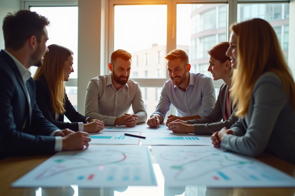 Groupe de professionnels dans un bureau moderne discutant de graphiques GEPP et GPEC