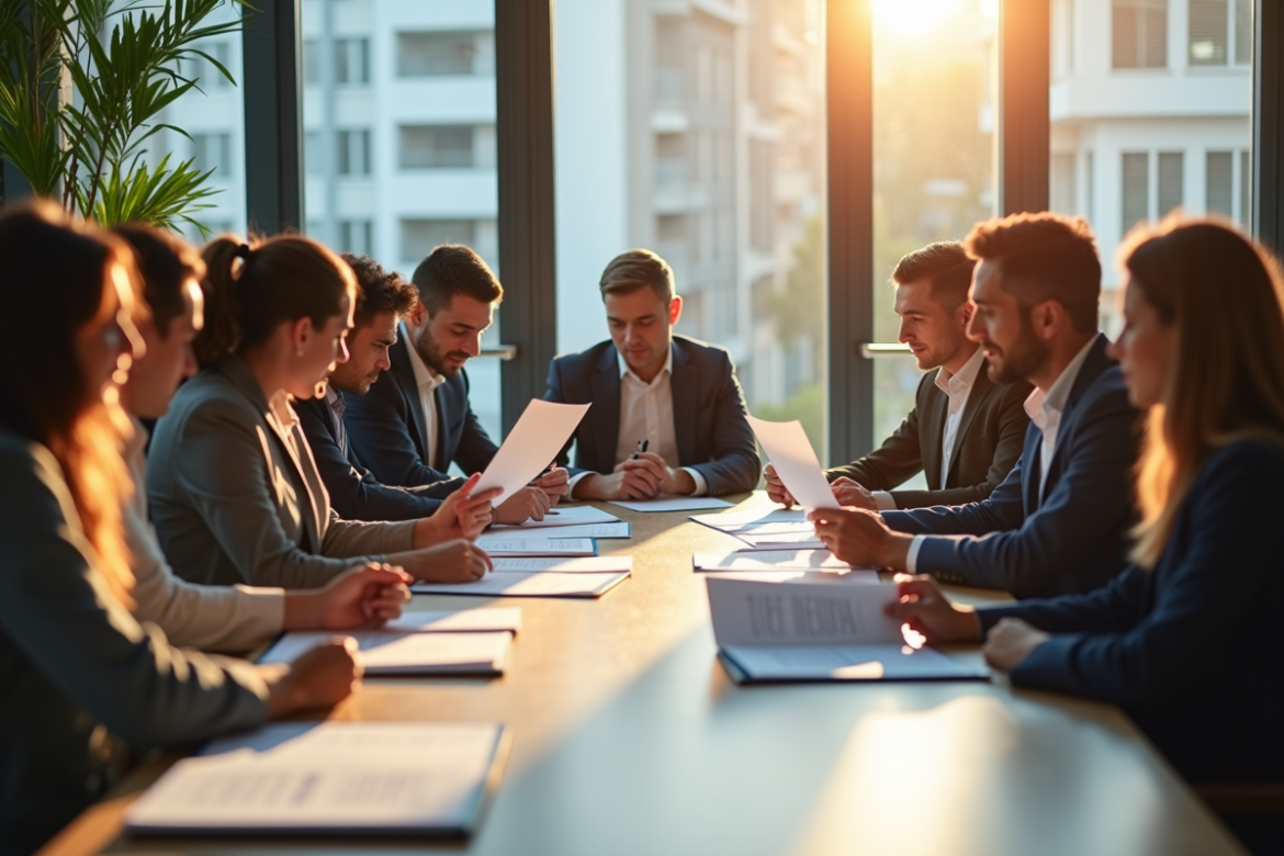 Groupe de professionnels examinant des certificats dans un bureau lumineux