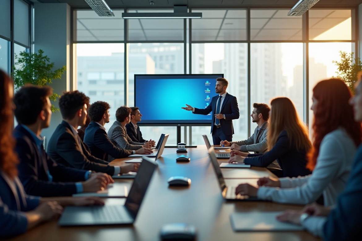 Groupe de professionnels en formation moderne avec mentor