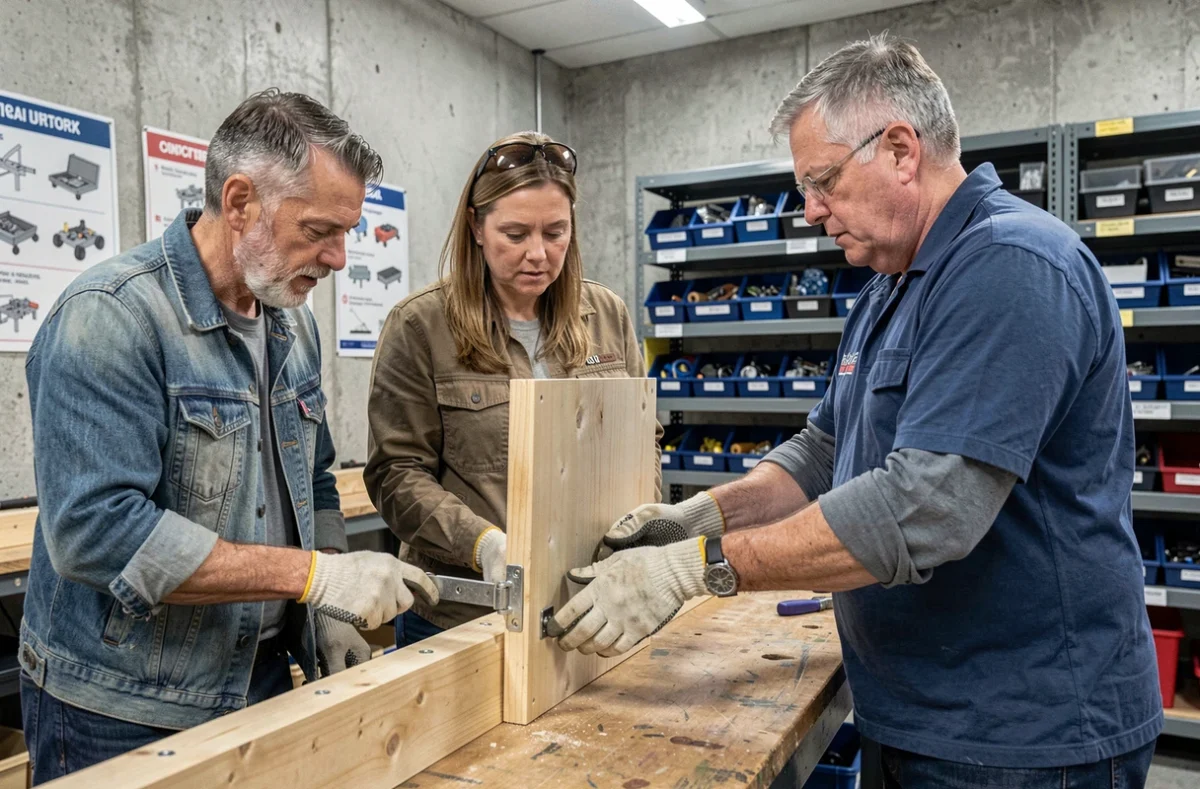 Groupe de stagiaires adultes en formation bricolage CPF autour d'un établi dans un centre de formation professionnel