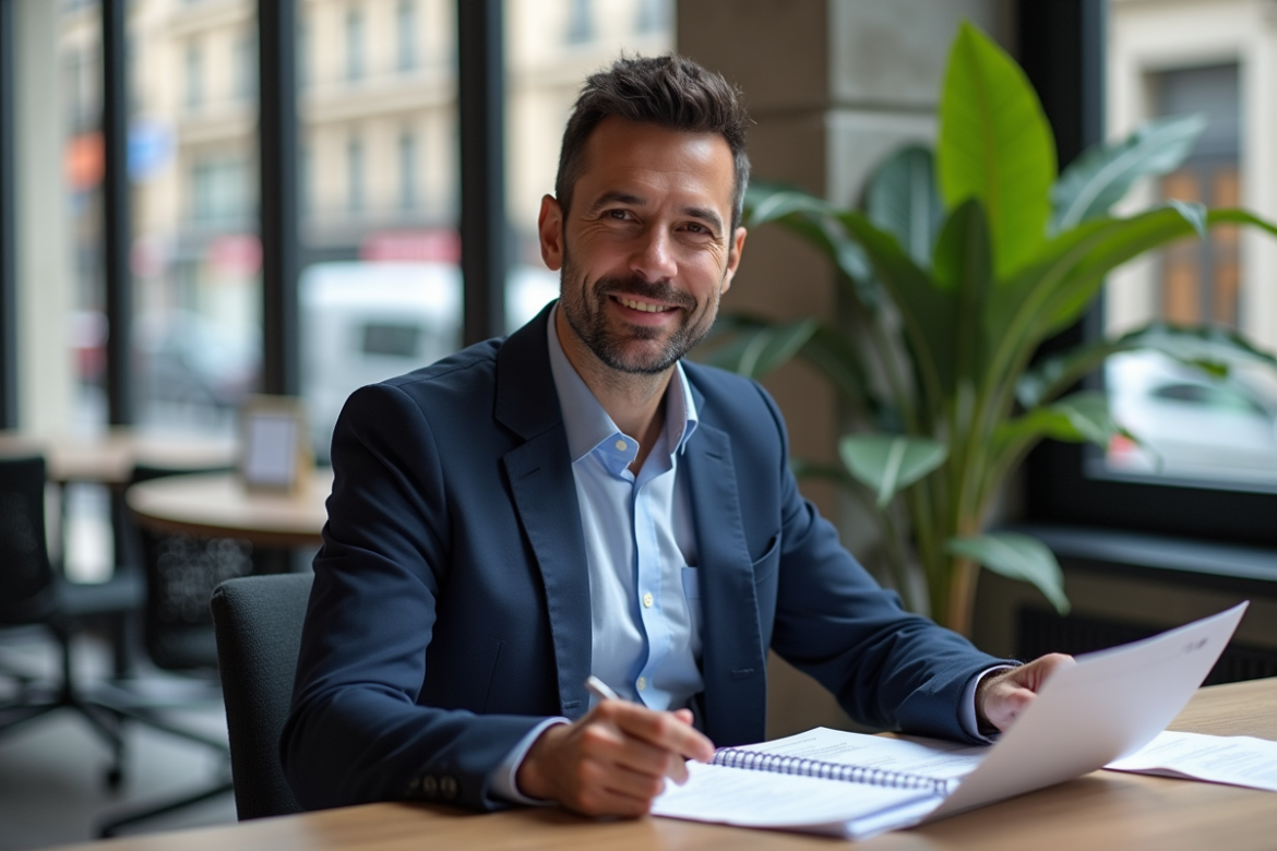 Homme d'affaires français en costume dans un espace coworking