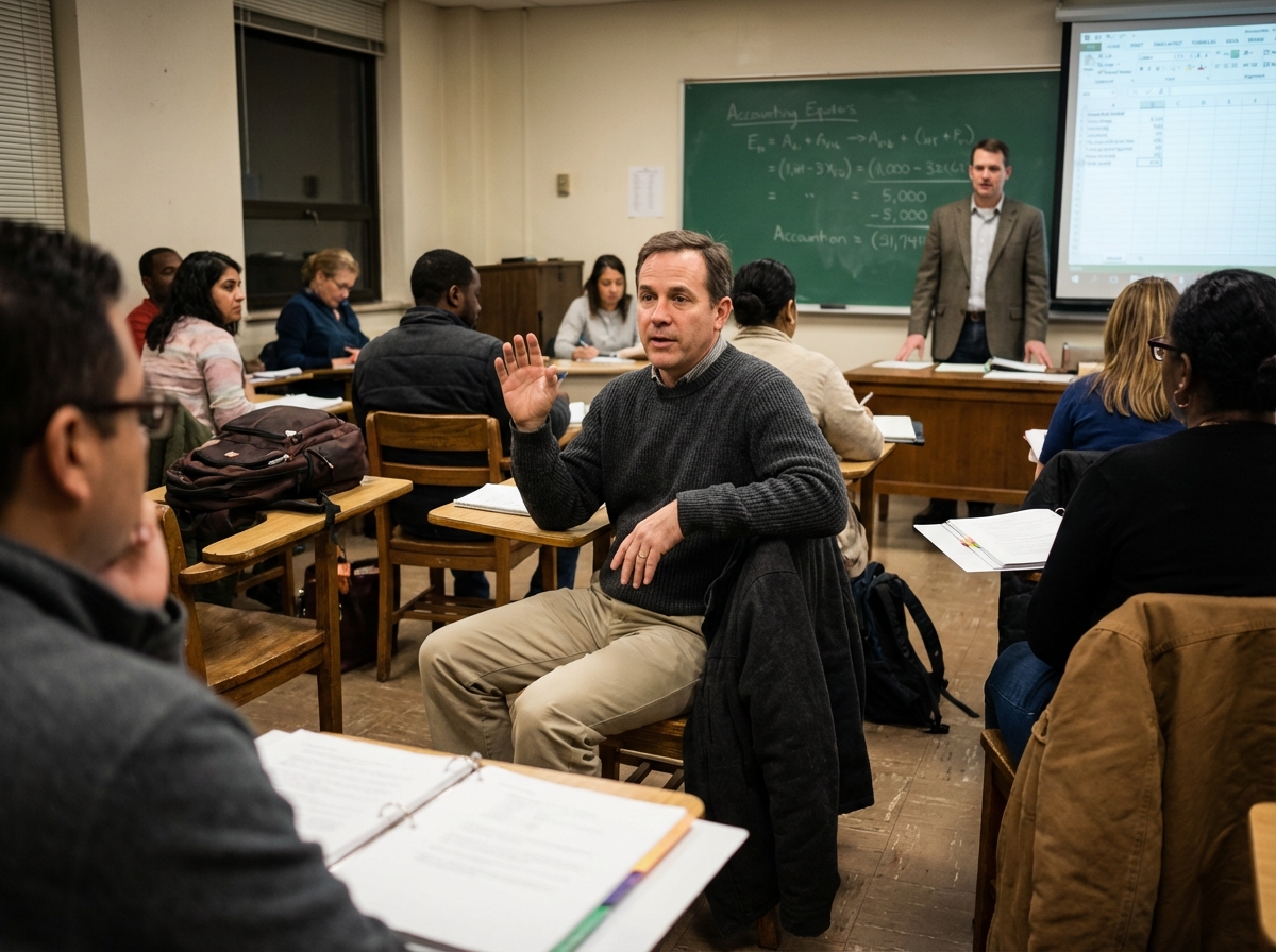 Homme écoutant en classe de comptabilite avec ses camarades