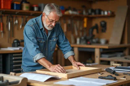 Homme d'âge moyen assemble une étagère en bois dans son atelier