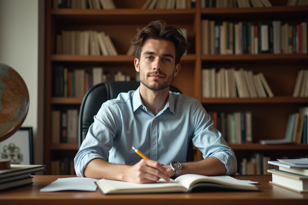 Homme concentré écrivant dans un bureau studieux