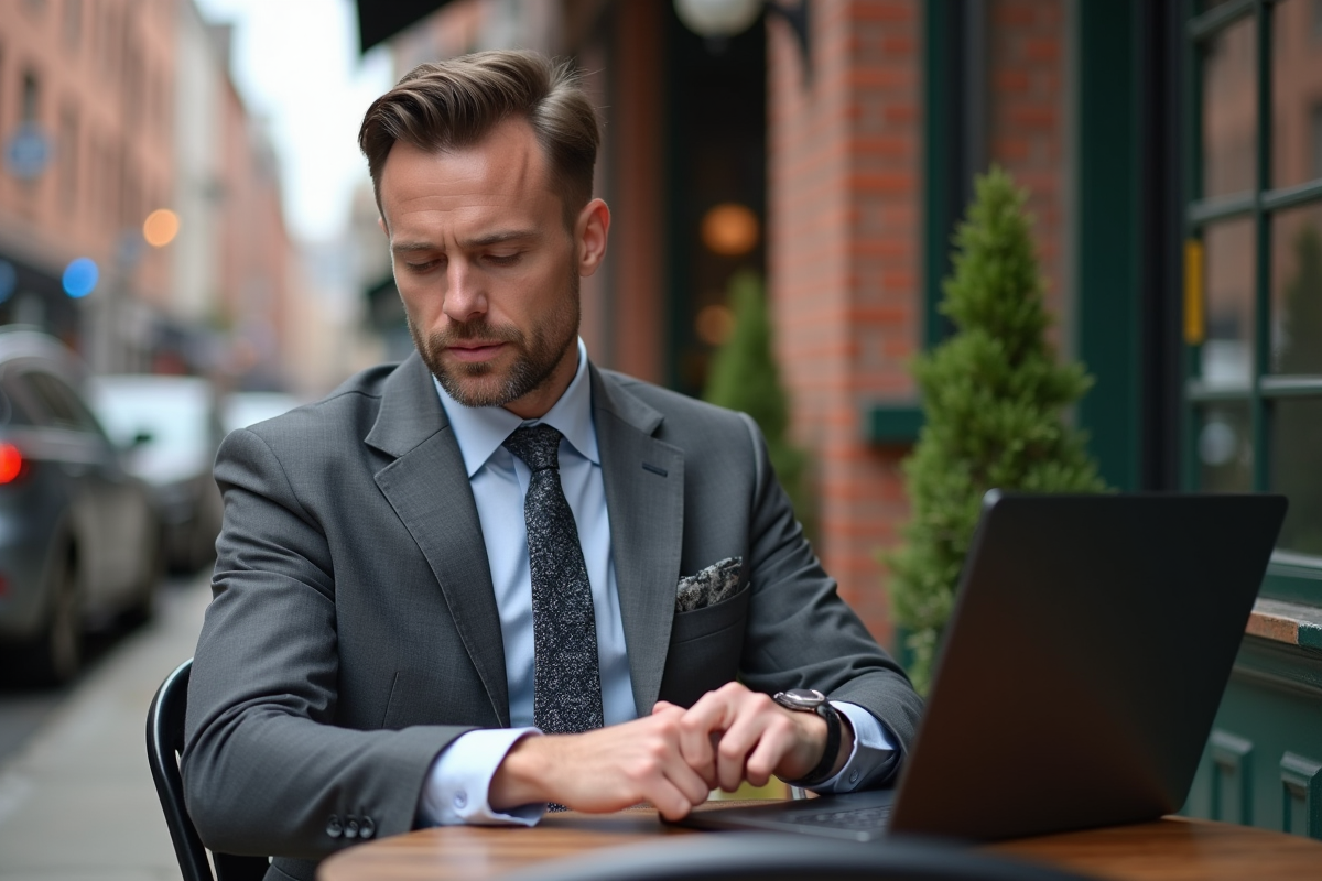 Homme en costume au café en ville en train de regarder sa montre