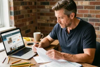 Homme consultant les documents de certification Maformationbrico sur un bureau en bois avec un ordinateur portable affichant une plateforme de formation bricolage