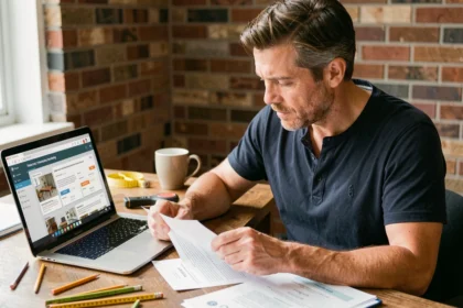 Homme consultant les documents de certification Maformationbrico sur un bureau en bois avec un ordinateur portable affichant une plateforme de formation bricolage