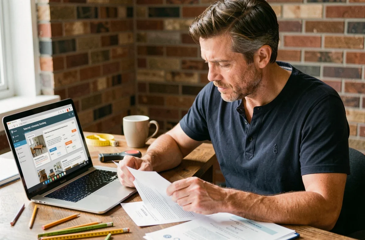 Homme consultant les documents de certification Maformationbrico sur un bureau en bois avec un ordinateur portable affichant une plateforme de formation bricolage