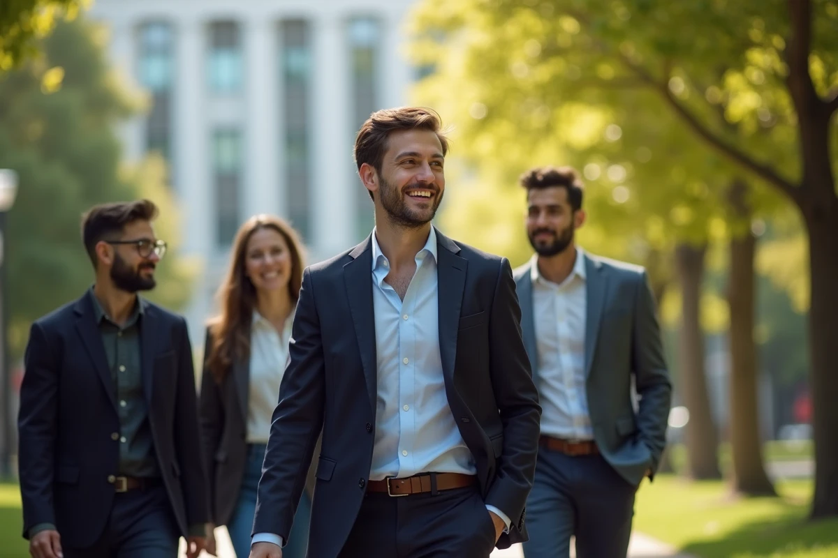 Homme en costume avec collaborateurs en extérieur