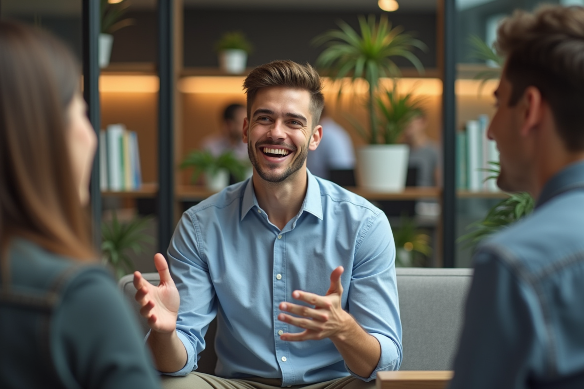 Jeune homme discutant avec collègue dans bureau convivial