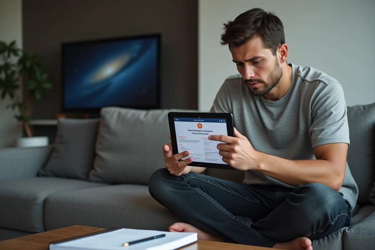 Homme consultan un cours Moodle en mode hors ligne sur tablette dans un salon moderne sans connexion internet