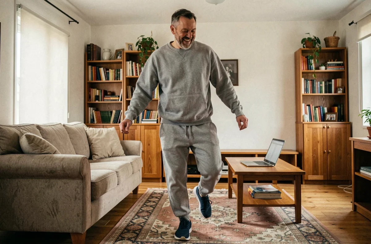 Homme d'âge moyen qui danse maladroitement mais avec enthousiasme dans son salon en suivant un tutoriel de danse en ligne