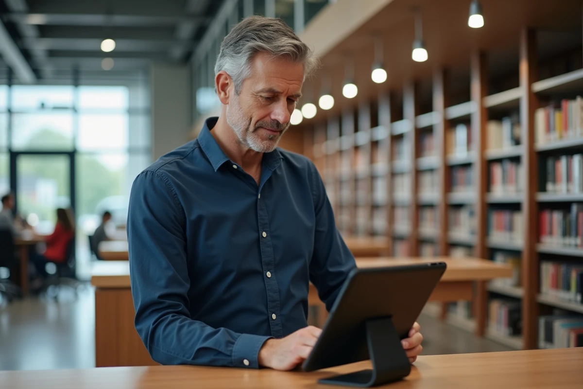 Homme consultant une tablette numérique dans une bibliothèque moderne pour se familiariser avec un nouveau service
