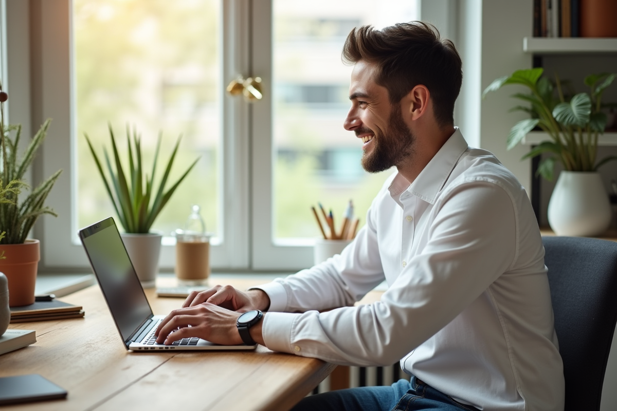 Jeune homme souriant travaillant sur son ordinateur dans un espace de travail lumineux