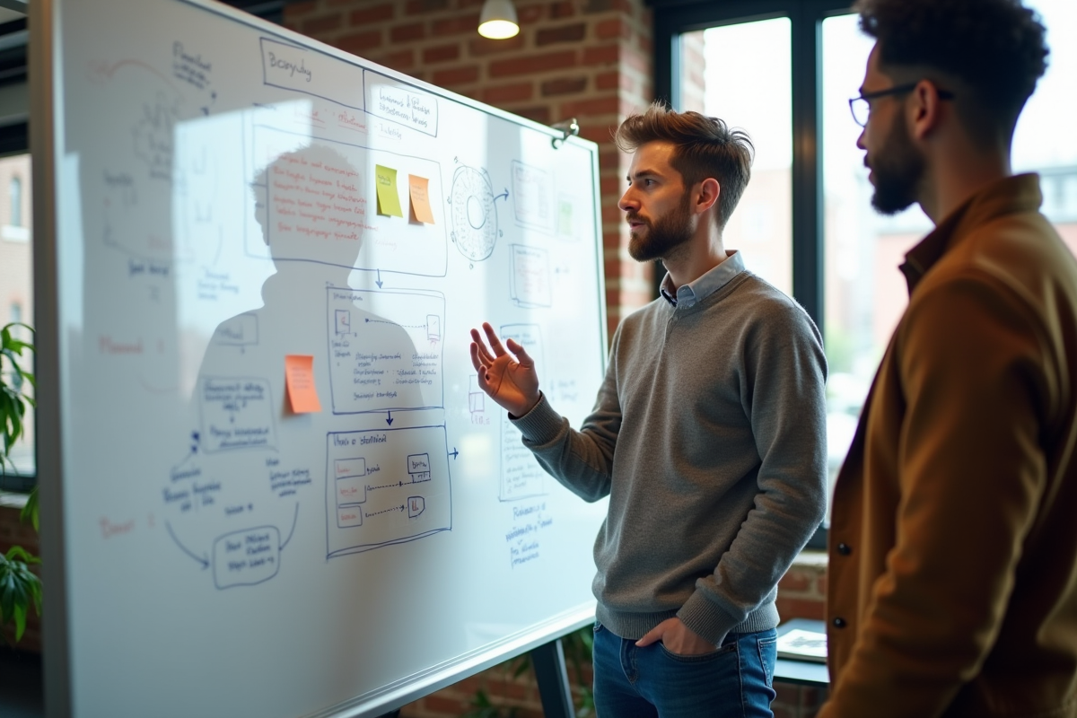Homme en startup discutant devant un tableau blanc