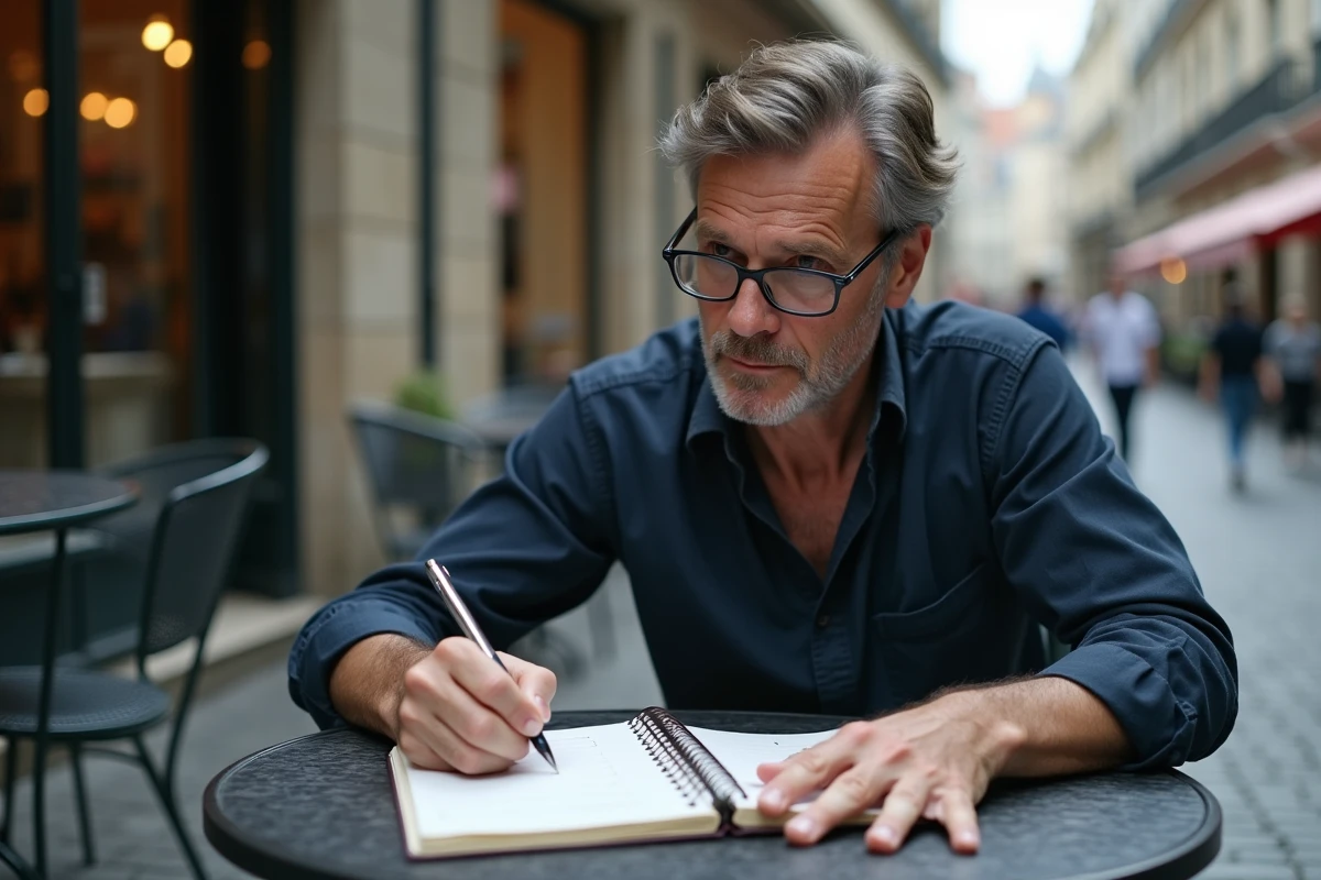 Homme pratiquant des exercices d'écriture dans un carnet à spirale en terrasse de café parisien