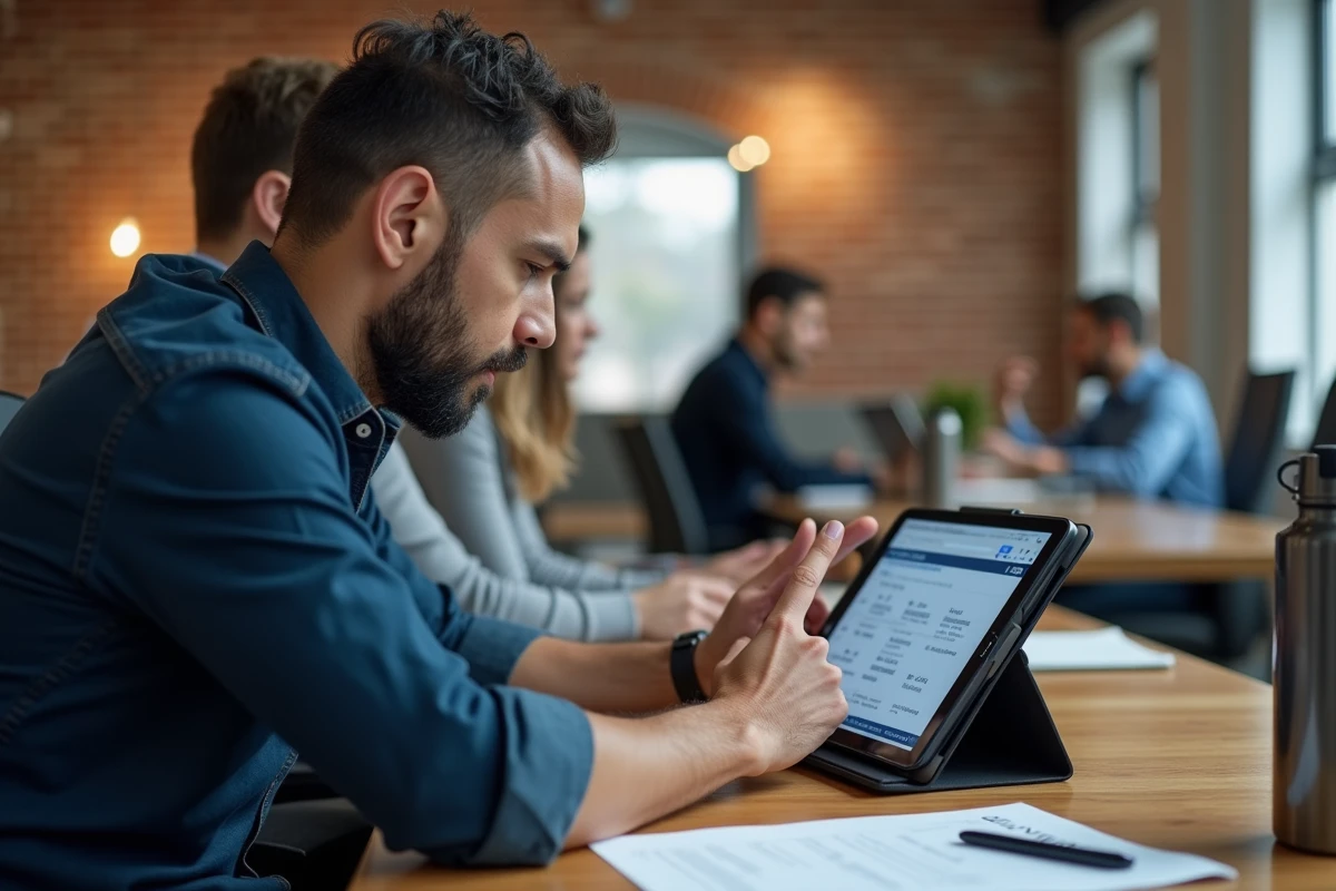 Homme en formation Canva sur tablette dans un espace de coworking, apprentissage du design graphique et financement CPF
