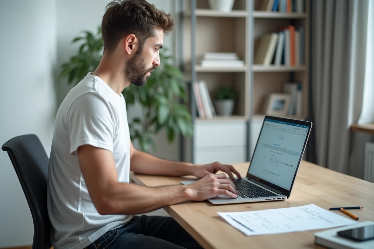 Homme travaillant sur un calcul d'inversion de matrice 2x2 sur ordinateur portable à domicile