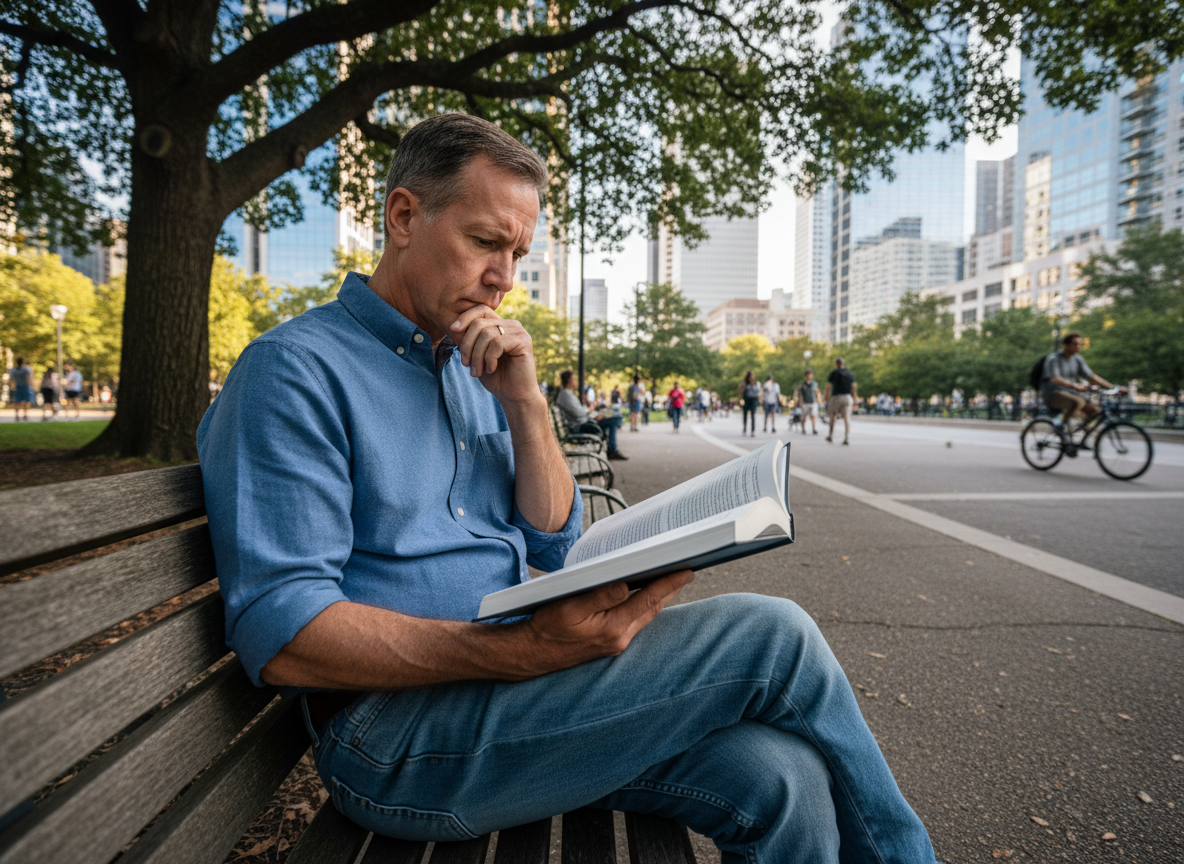 Homme mature lisant un livre dans un parc urbain