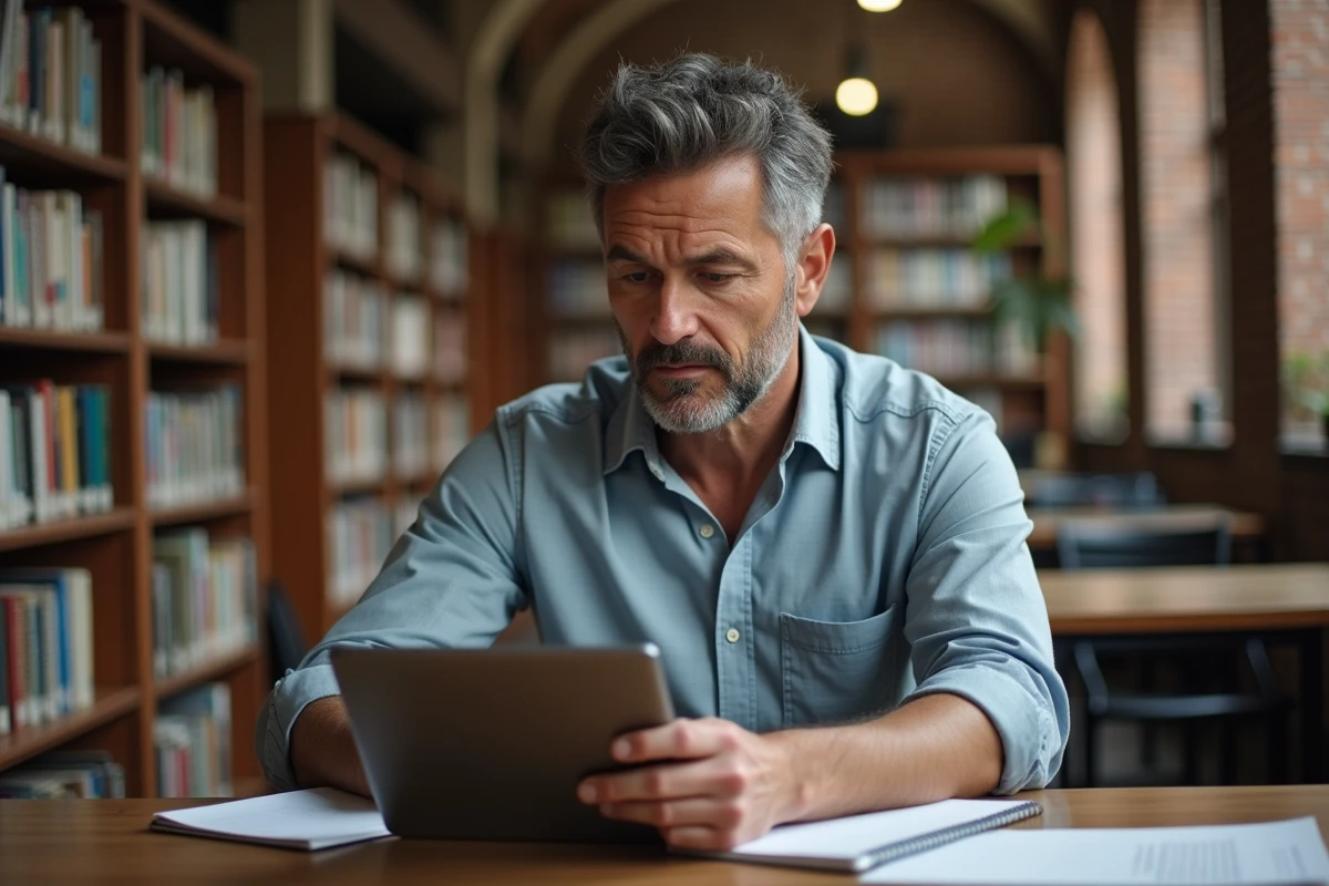 Homme étudiant en bibliothèque regardant une tablette