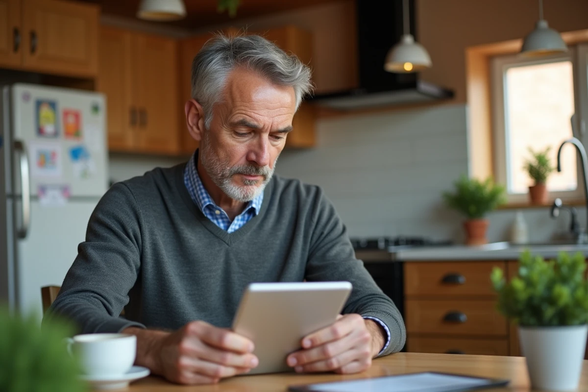 Homme regardant les notes scolaires de son enfant sur une tablette