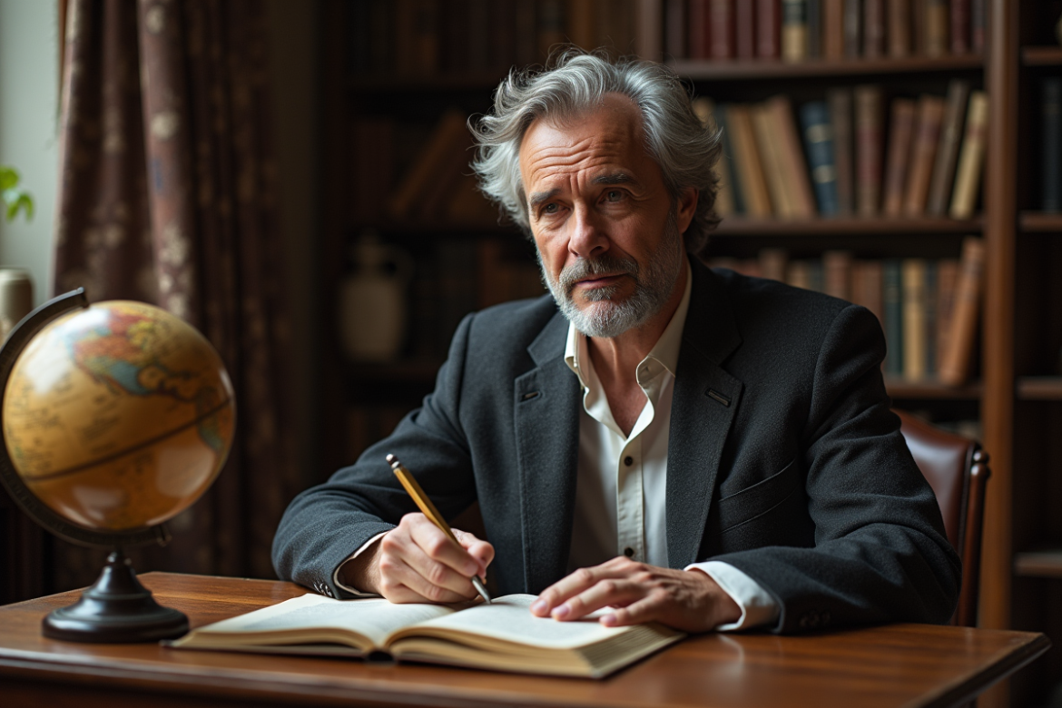 Homme réfléchi en bibliothèque avec livres et globe
