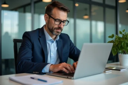 Homme d'affaires en costume travaillant sur son ordinateur