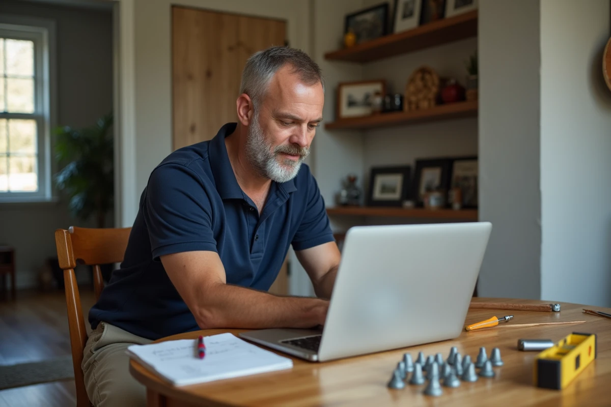 Homme débutant en bricolage consultant un tutoriel en ligne sur son ordinateur portable avec des outils et des notes posés sur la table
