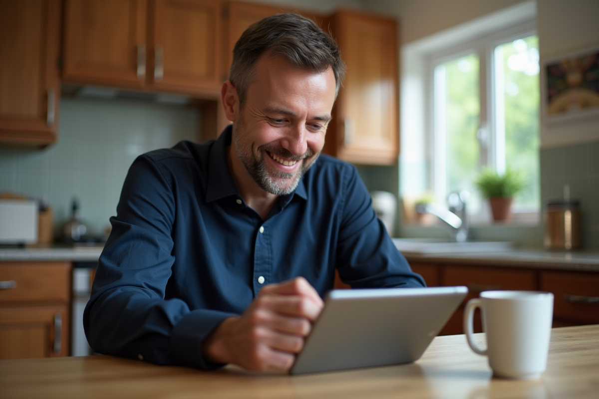 Homme souriant vérifiant ses emails sur une tablette à la maison