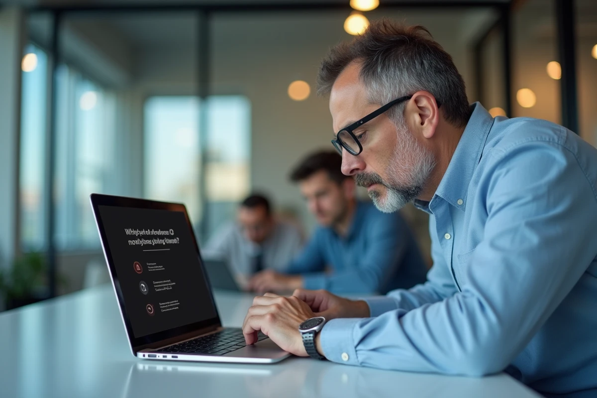 Homme à lunettes passant un test de QI en ligne sur ordinateur portable dans un bureau moderne