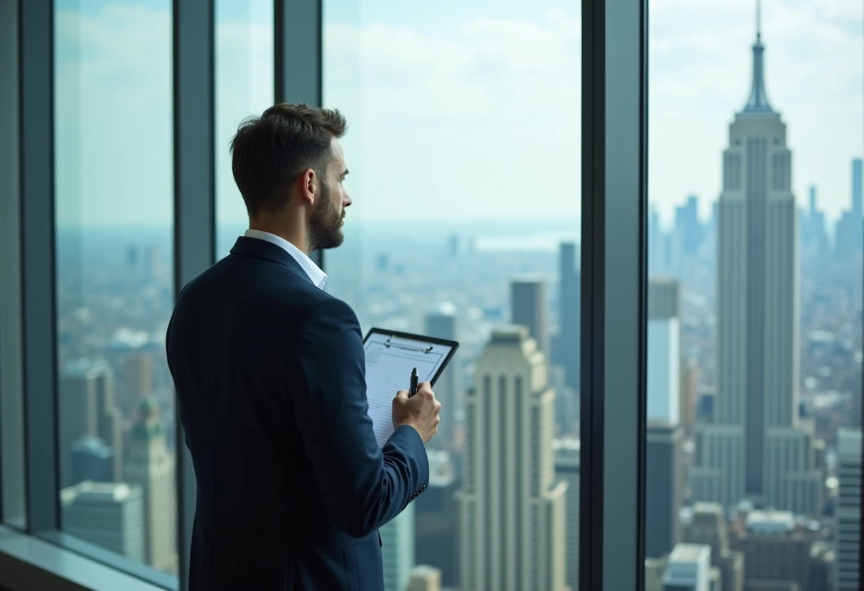 Homme regardant la ville depuis une grande fenetre