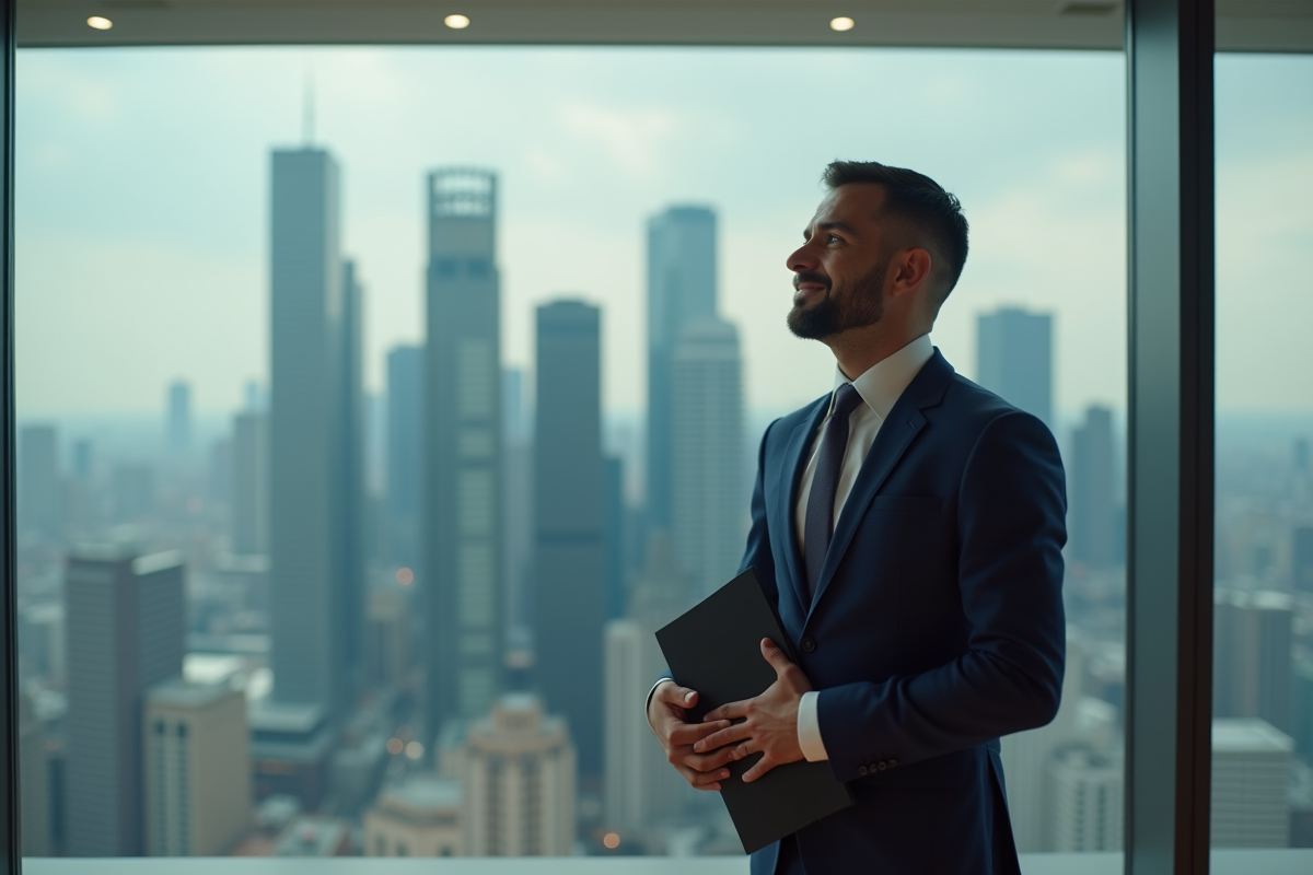 Homme en costume regardant la ville depuis une fenêtre