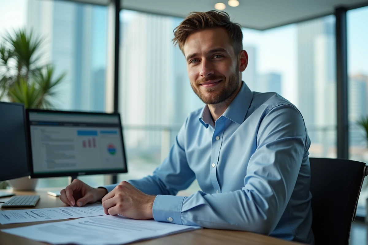 Jeune ingénieur au bureau regardant des documents