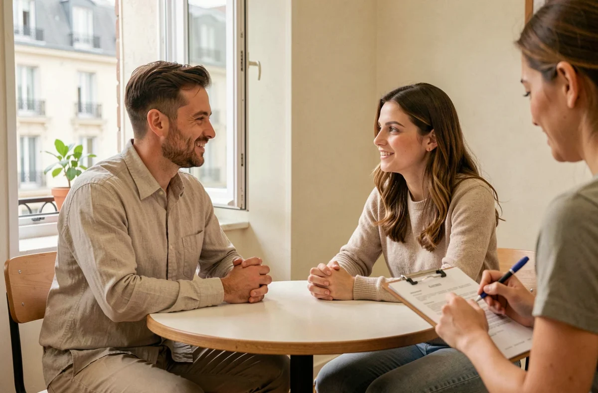 Deux étudiants pratiquant une méthode conversationnelle en langues étrangères chez Inlingua Paris