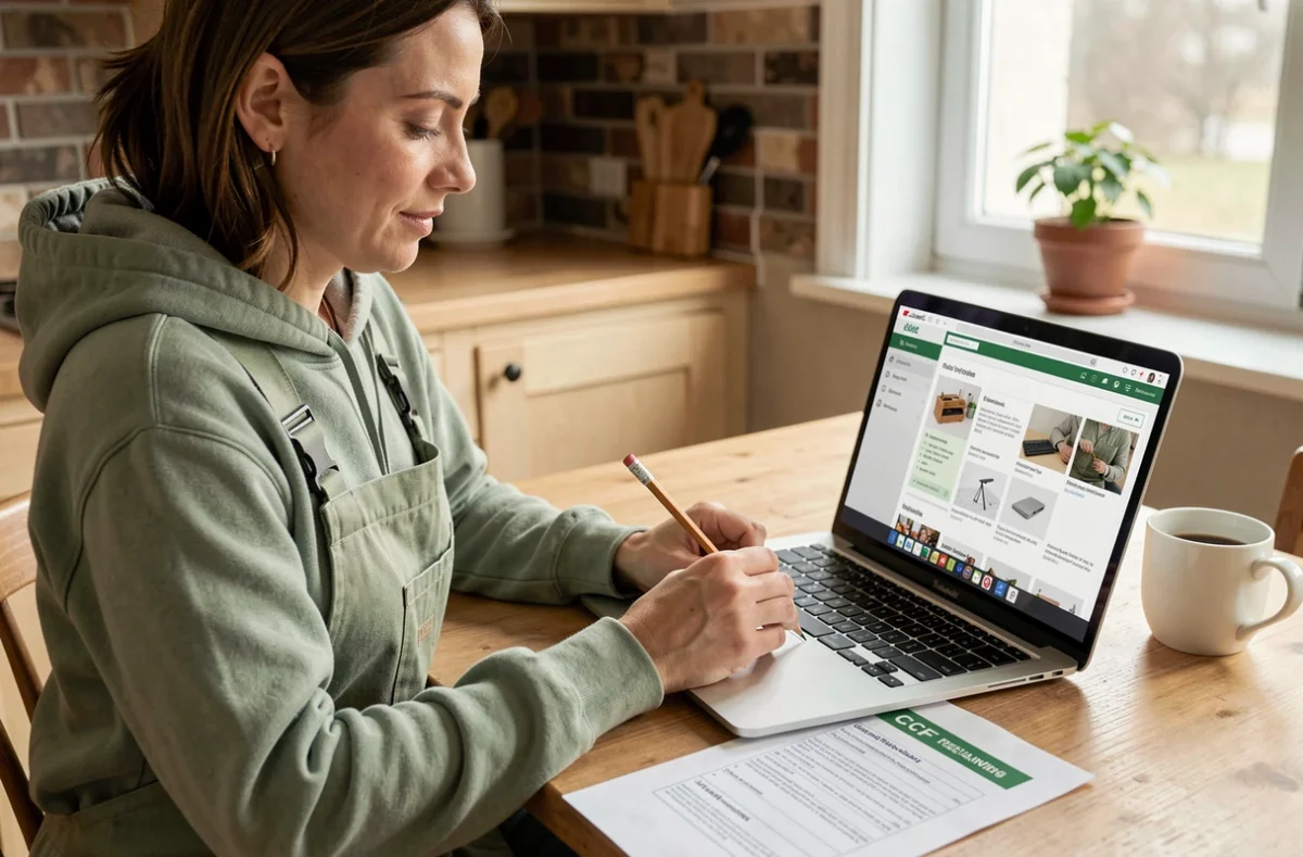 Femme consultant un cours de bricolage en ligne sur ordinateur avec un dossier de formation CPF posé sur la table