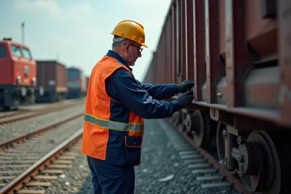 Inspecteur ferroviaire vérifiant le couplage de wagons de fret