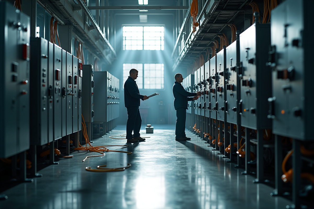 Techniciens installant câblage électrique dans l