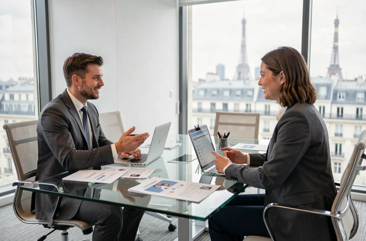 Session de formation en langues pour entreprises dans une salle de conférence moderne à Paris chez Intercountry