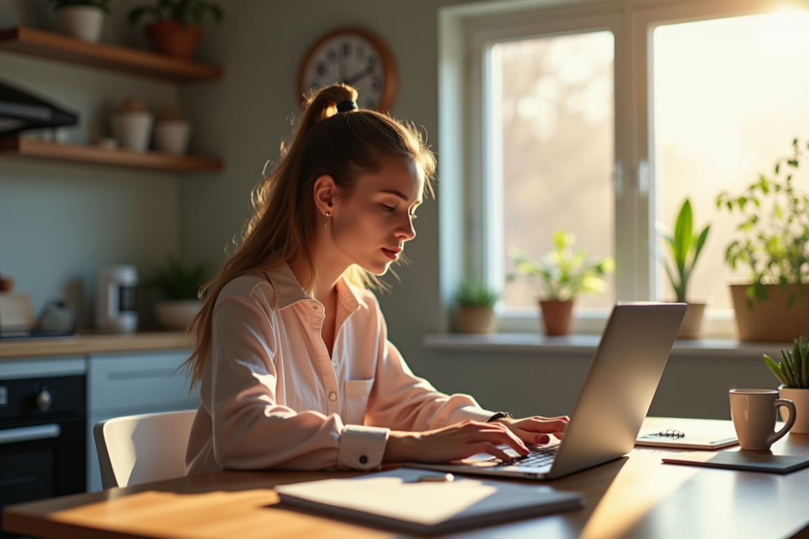 Jeune adulte travaillant sur un laptop dans une cuisine lumineuse