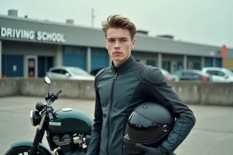 Jeune homme de 20 ans tenant son casque moto devant une moto catégorie A2 dans le parking d'une auto-école