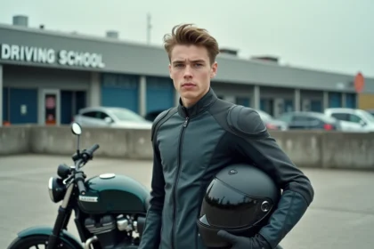 Jeune homme de 20 ans tenant son casque moto devant une moto catégorie A2 dans le parking d'une auto-école