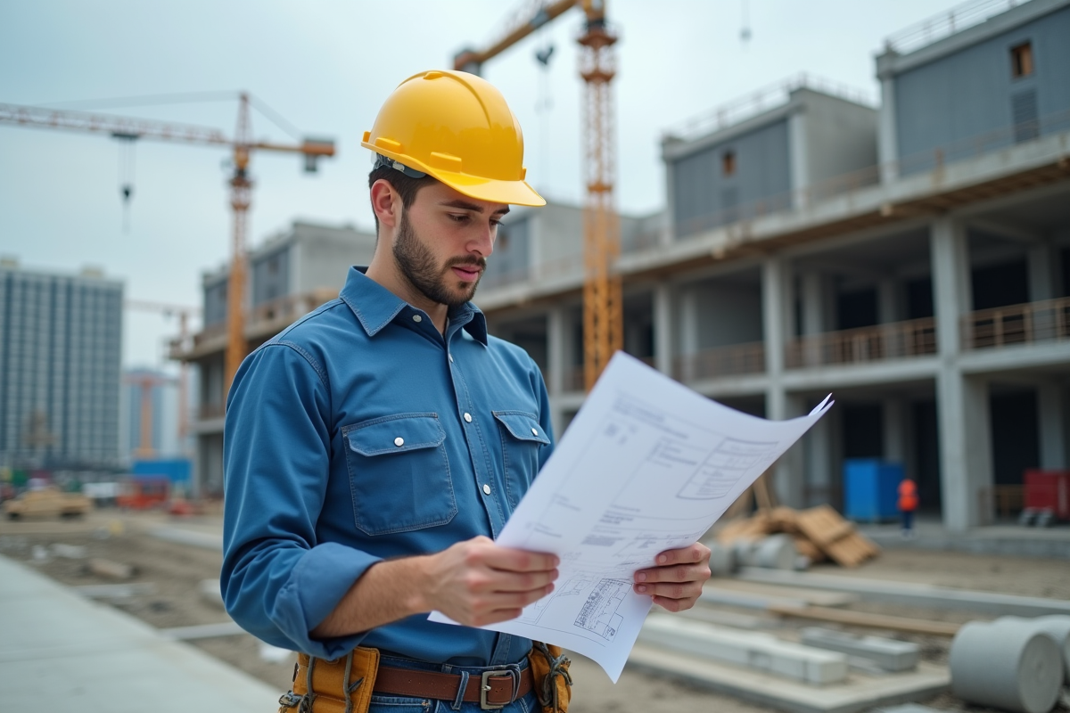 Ingénieur en construction étudiant des plans sur site