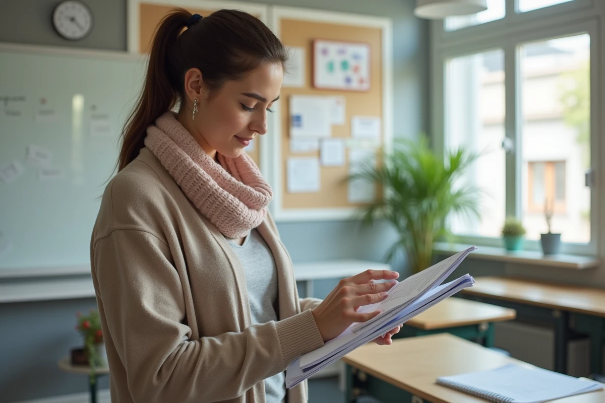 Jeune enseignante organise des guides d activite dans une salle