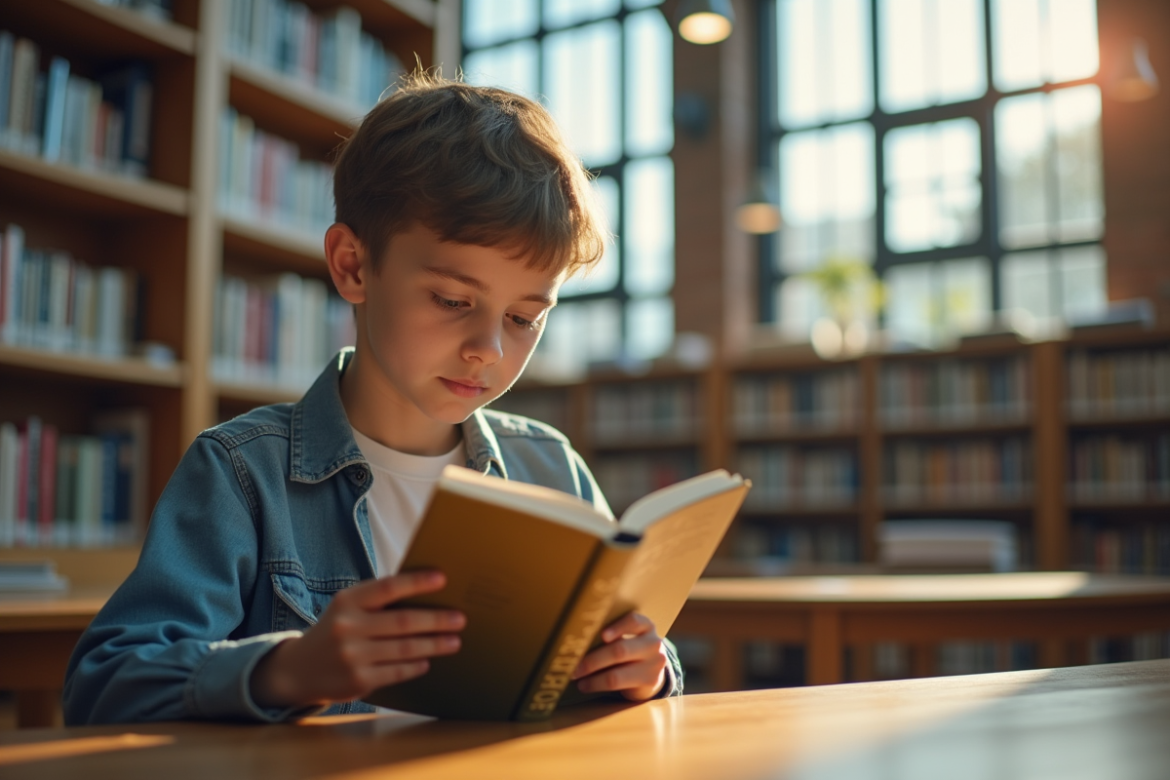 Jeune étudiant lisant dans une bibliothèque lumineuse