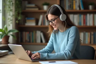 Jeune femme avec casque utilisant une tablette pour apprendre l'espagnol