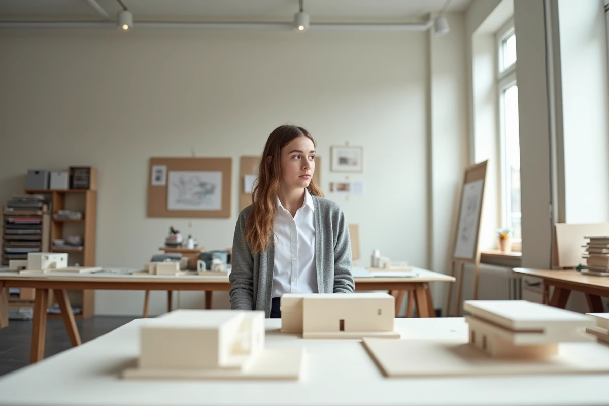 Jeune femme française examinant des maquettes dans un studio lumineux