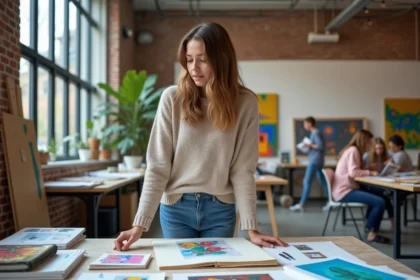 Jeune femme contemplant des carnets d'art dans un atelier moderne
