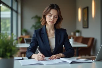 Jeune femme en blazer navy dans un bureau professionnel