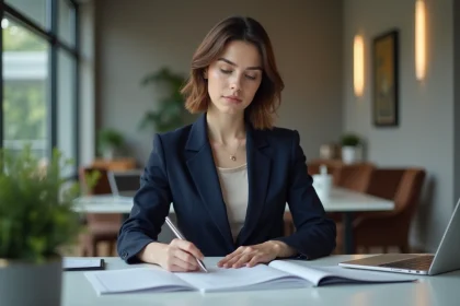 Jeune femme en blazer navy dans un bureau professionnel